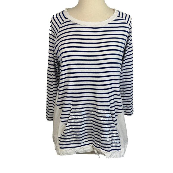 Bogner Tops - Bogner Size 8 M Top Blue White Striped Long Sleeve Sequined Pocket Casual